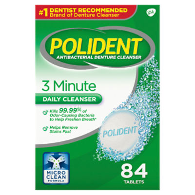 Polident 3 Minute Triple Mint Antibacterial Denture Cleanser Effervescent Tablets, 84 count