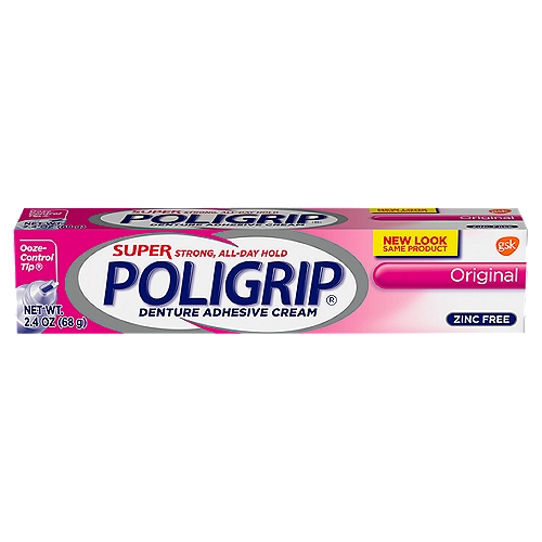 Super Poligrip Original Formula Zinc Free Denture and Partials Adhesive Cream, 2.4 ounce
• Super Poligrip Original Denture Adhesive Cream offers a strong 12 hour hold that seals out up to 74 percent more food particles (versus no adhesive after 1 hour on a lower full denture)
• Denture adhesive cream in a zinc free formula and a mint flavor
• Provides an all day hold and natural feel
• Helps prevent gum irritation by keeping out food particles
• Super Poligrip Denture Adhesive products help to seal and protect for confidence throughout the day
• All day hold for dentures and partial dentures