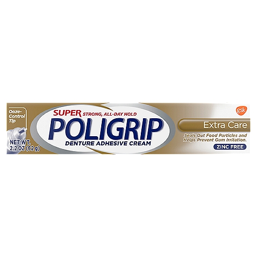 Super Poligrip Extra Care Zinc Free Denture and Partials Adhesive Cream, 2.2 ounce
• Super Poligrip Extra Care Denture Adhesive Cream offers a strong 12 hour hold that seals out up to 74 percent more food particles (versus no adhesive after 1 hour on a lower full denture)
• Denture Adhesive cream features a zinc free formula
• Designed with an ooze control tip
• Helps prevent gum irritation by keeping out food particles
• Super Poligrip Denture Adhesive products help to seal and protect for confidence throughout the day
• All day hold for dentures and partial dentures