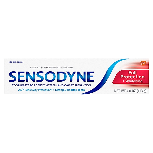 Sensodyne Full Protection + Whitening Toothpaste, 4.0 oz
24/7 sensitivity protection* + strong & healthy teeth

What are sensitive teeth?
Lots of people have sensitive teeth. When enamel is worn away (through eating everyday acidic food or drinks) or gums recede, the dentin underneath becomes exposed. This can lead to tooth sensitivity, for example, with cold and hot food and drinks.

What does Sensodyne do?
Sensodyne provides daily care for sensitive teeth* plus all the benefits you would expect from a daily fluoride toothpaste - strong teeth and freshness.

Use Sensodyne Full Protection + Whitening twice daily:
• Long lasting sensitivity protection* everyday
• Contains fluoride to protect against cavities
*with twice daily brushing.

Drug Facts
Active ingredients - Purposes
Potassium nitrate 5% - Antihypersensitivity
Sodium fluoride 0.25% (0.15% w/v fluoride ion) - Anticavity

Uses
• builds increasing protection against painful sensitivity of the teeth to cold, heat, acids, sweets, or contact.
• aids in the prevention of dental cavities.