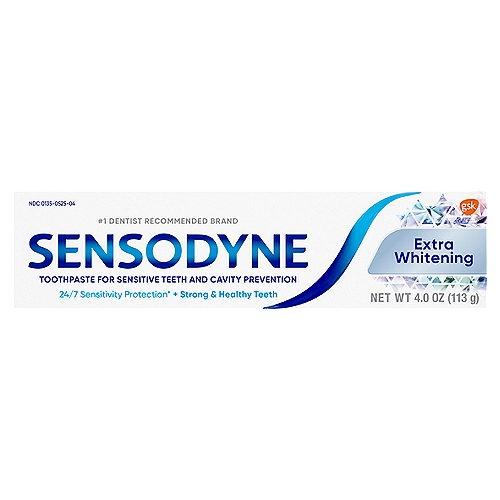 Sensodyne Extra Whitening Toothpaste, 4.0 oz
24/7 sensitivity protection* + strong & healthy teeth

Use Sensodyne Extra Whitening twice daily:
• Long lasting sensitivity protection* every day
• Contains fluoride to protect against cavities

What are sensitive teeth?
Lots of people have sensitive teeth. When enamel is worn away (through eating everyday acidic food or drinks) or gums recede, the dentin underneath becomes exposed. This can lead to tooth sensitivity, for example, with cold and hot food and drinks.

What does Sensodyne do?
Sensodyne provides daily care for sensitive teeth* plus all the benefits you would expect from a daily fluoride toothpaste - strong teeth and freshness.
*with twice daily brushing.

Drug Facts
Active ingredients - Purposes
Potassium nitrate 5% - Antihypersensitivity
Sodium flouride 0.24% (0.15% w/v flouride ion) - Anticavity

Uses
• builds increasing protection against painful sensitivity of the teeth to cold, heat, acids, sweets, or contact.
• aids in the prevention of dental cavities.