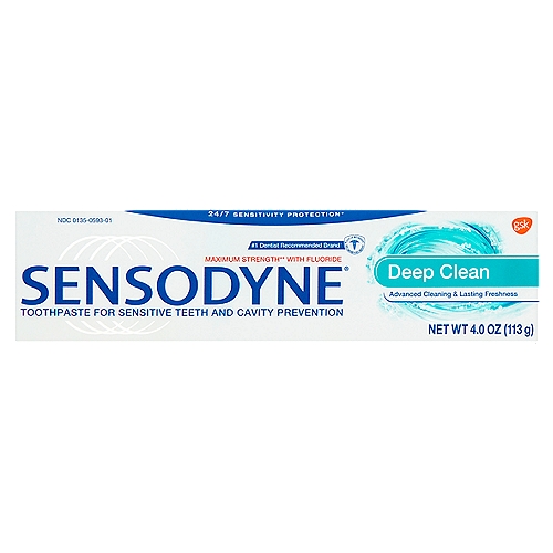 Sensodyne Deep Clean Toothpaste, 4.0 oz
24/7 sensitivity protection*

Maximum strength** with fluoride

• Long lasting sensitivity protection*
• Foam boost technology
• Provides all the benefits of a regular fluoride toothpaste*

Before
Sensitivity starts with exposed dentin. Sensitive teeth need special care.

After
Sensodyne Deep Clean works inside the tooth to help calm the nerves for 24hr sensitivity protection.*
*with twice daily brushing

Uses
• builds increasing protection against painful sensitivity of the teeth to cold, heat, acids, sweets, or contact.
• aids in the prevention of dental cavities.

Drug Facts
Active ingredients - Purpose
Potassium nitrate 5%** - Antihypersensitivity
Sodium fluoride 0.25% (0.16% w/v fluoride ion) - Anticavity
**maximum FDA sensitivity active ingredient