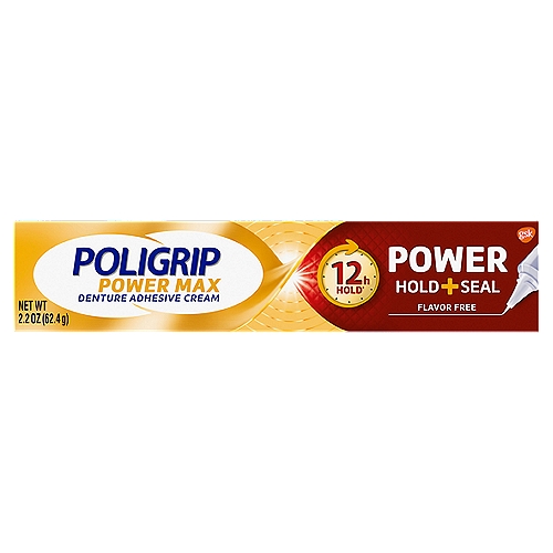 Poligrip Power Max Power Hold + Seal Denture Cream, Flavor Free, 2.2 oz