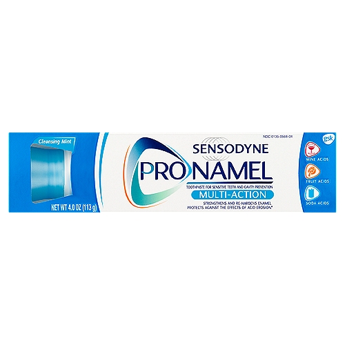 Sensodyne ProNamel Multi-Action Cleansing Mint Toothpaste, 4.0 oz
Strengthens and re-hardens enamel protects against the effects of acid erosion*
*Acids in everyday food such as some fruit and acidic drinks, like orange juice and wine, can dissolve minerals from our teeth, softening the enamel surface which is then more easily worn away. As the enamel becomes thinner, teeth can become visibly less white, weaker and sensitive.

Brushing twice a day with ProNamel helps to:
Protect enamel against the effects of acid erosion
Restore natural whiteness
Clean effectively and freshen breath
Provide cavity protection
Maintain healthy teeth
ProNamel is also suitable for people with sensitive teeth.

Help protect your enamel against the effects of acid erosion.
Dentists have reported a growing dental health concern due to changing modern diets: 'acid erosion'. Even teeth without cavities can be affected.

Sensodyne ProNamel Multi-Action toothpaste is formulated to help protect against the effects of acid erosion and also gently, yet effectively remove stains, helping restore teeth to their natural whiteness. As it contains fluoride it also provides the benefits of a regular toothpaste. Plus, its cleansing mint flavor helps keep your mouth feeling fresh and clean.

Uses
• builds increasing protection against painful sensitivity of the teeth to cold, heat, acids, sweets, or contact.
• aids in the prevention of dental cavities.

Drug Facts
Active ingredients - Purpose
Potassium nitrate 5% - Antihypersensitivity
Sodium fluoride 0.25% (0.15% w/v fluoride ion) - Anticavity