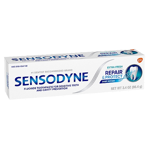 Sensodyne Repair & Protect Sensitive Toothpaste for Sensitive Teeth, Extra Fresh, 3.4 oz
• Sensodyne Repair and Protect toothpaste for sensitive teeth provides sensitivity relief caused by cold, hot and sweet foods and drinks
• Formulated with fluoride to protect against cavities
• Sensodyne Repair and Protect sensitive toothpaste provides lasting protection to reduce sensitivity pain (with twice daily brushing)
• Sensodyne sensitive toothpaste is the number 1 dentist recommended toothpaste brand for sensitive teeth
• Continuously helps repair, strengthen and protect your teeth from tooth sensitivity (with twice daily brushing)

Fluoride Toothpaste for Sensitive Teeth and Cavity Protection

Drug Facts
Active ingredient - Purposes
Stannous fluoride 0.454% (0.15% w/v fluoride ion) - Anticavity, Antihypersensitivity

Uses
• aids in the prevention of dental cavities.
• builds increasing protection against painful sensitivity of the teeth to cold, heat, acids, sweets, or contact.

Sensodyne Repair & Protect has a clinically proven ingredient. With twice daily brushing it helps to repair deep inside the tubules and relieves sensitivity to help you enjoy life without worrying about the pain of sensitive teeth.

Exposed Detin; Cause of Sensitive Teeth
Tiny Holes
Gets Deep Inside These Holes
To Help Repair These Holes
Which Helps Protect from Pain*
Daily use fluoride toothpaste to provide long lasting sensitivity relief, whilst also keeping your teeth and gums healthy.*
*with twice daily brushing
