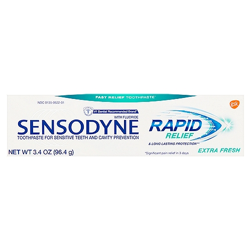 Sensodyne Rapid Relief Extra Fresh Toothpaste, 3.4 oz
Fast relief toothpaste*

Rapid relief & long lasting protection**
**with twice daily brushing

Why use Sensodyne Rapid Relief?
Sensodyne Rapid Relief is clinically proven for fast relief of sensitivity pain. Its formula quickly creates a barrier over sensitive areas of your teeth to provide fast relief, and to help stop the pain from coming back. With twice daily brushing, it builds ongoing protection from the pain of sensitive teeth. It will leave your mouth feeling clean and fresh, and also helps whiten and prevents staining.

Exposed dentin; cause of sensitivity pain
Tiny holes in dentin
Fast acting formula 
Quickly creates a barrier
Fast relief from pain*
*Significant pain relief in 3 days

Uses
• aids in the prevention of dental cavities.
• builds increasing protection against painful sensitivity of the teeth to cold, heat, acids, sweets, or contact.

Drug Facts
Active ingredient - Purposes
Stannous fluoride 0.454% (0.15% w/v fluoride ion) - Anticavity, antihypersensitivity