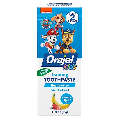 Orajel Fruity Fun Training Toothpaste, 1.5 oz
Orajel™ Training Toothpaste
Helps remove plaque & food with brushing for cleaner teeth. Best of all, it's fluoride-free, nonabrasive and safe if swallowed when used as directed.

Free of alcohol, parabens, aspartame, dyes, sugar, gluten, dairy, SLS