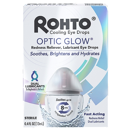 Rohto Optic Glow Cooling Eye Drops, 0.4 fl oznwith HydroGlow™ TechnologynnDrug FactsnActive ingredients - PurposenNaphazoline hydrochloride 0.03% - Redness relievernPovidone 0.5%, Propylene glycol 0.2% - LubricantnnUsesn■ relieves redness of the eye due to minor eye irritationsn■ temporarily relieves burning and irritation due to dryness of the eye