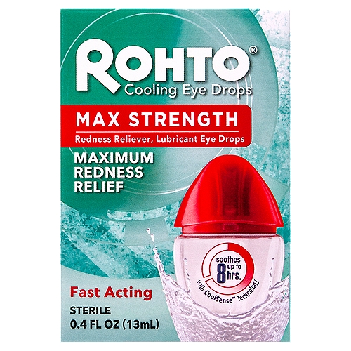 Rohto Cooling Eye Drops, Maximum Redness Relief, 0.4 fl oz
Other Information: Do not store above 77 degrees F (25 degrees C). Misc: Whitens & protects. Cool max. Fast acting. Soothes up to 8 hrs with Freshkick technology. Redness reliever, lubricant eye drops. Sterile. No. 1 global OTC eye care brand (Source Euromonitor International Limited; Consumer Health Eye Care definition, retail value share, 2015 data). Whitens red eyes. Relieves dryness. Soothes eye strain. Maximum strength redness relief. Freshkick technology brings instant cooling and long-lasting comfort to your eyes. Rohto - feel it working! Mess-free single drop dispenser. Child-resistant cap. Use only if Rohto imprinted inner pouch is intact at time of purchase. Rate us online at rohtoeyedrops.com or Facebook. Twitter. YouTube. Questions? 1-877-636-2677 Mon-Fri 9 am-5 pm (EST). Retain carton for complete information. Made in Japan.

Soothes up to 8 hrs. with CoolSense™ technology

Drug Facts
Active ingredients - Purpose
Naphazoline hydrochloride 0.03% - Redness reliever
Polysorbate 80 0.2% - Lubricant

Uses
■ relieves redness of the eye due to minor eye irritations
■ temporarily relieves burning and irritation due to dryness of the eye
■ for protection against further irritation