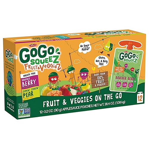 GoGo Squeez Boulder Berry and Zippin' Pear Fruit & Veggiez on the Go Variety Pack, 3.2 oz, 12 count