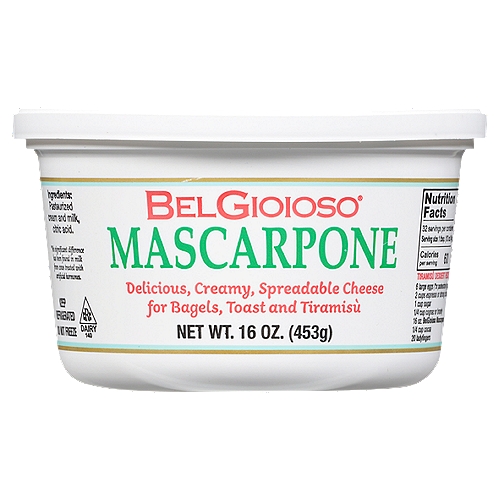 BelGioioso Mascarpone Cheese, 16 oz
Delicious, Creamy, Spreadable Cheese for Bagels, Toast and Tiramisù

rBST free*
*No significant difference has been found in milk from cows treated with artificial hormones.