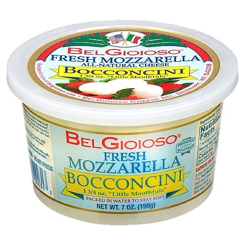 BelGioioso Fresh Mozzarella All-Natural Cheese Bocconcini, 7 oz
Proudly Wisconsin Cheese™

rBST free*

Our Mozzarella is all natural. It is made from local milk picked up daily and has no added hormones*, antibiotics or preservatives. BelGioioso Mozzarella contains no gluten, and is perfect for a low carb diet.
*No significant difference has been found in milk from cows treated with artificial hormones.