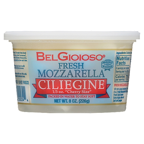 BelGioioso Fresh Mozzarella Ciliegine Cheese, 8 oz
Our mozzarella is all natural. It is made from local milk picked up daily and has no added hormones*, antibiotics or preservatives. BelGioioso Mozzarella contains no gluten, and is perfect for a low carb diet.
*No significant difference has been found in milk from cows treated with artificial hormones.

BelGioioso Mozzarella is made with very little salt. Cheese can be seasoned to individual taste.