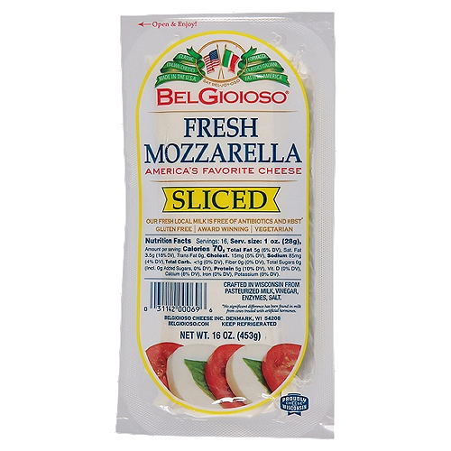 BelGioioso Sliced Fresh Mozzarella Cheese, 16 oz
Our fresh local milk is free of antibiotics and rBST*
*No significant difference has been found in milk from cows treated with artificial hormones.