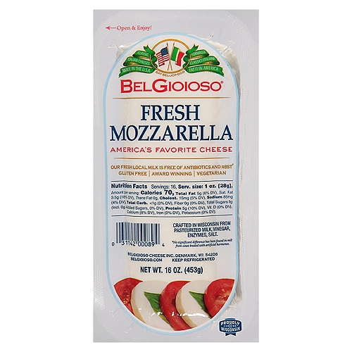 BelGioioso Fresh Mozzarella Cheese, 16 oz
Our fresh local milk is free of antibiotics and rBST*
*No significant difference has been found in milk from cows treated with artificial hormones.
