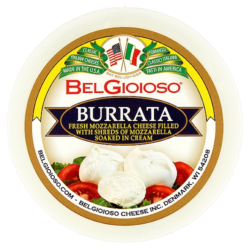 BelGioioso Burrata Cheese, 2 count, 8 oz
Fresh Mozzarella Cheese Filled with Shreds of Mozzarella Soaked in Cream

BelGioioso Burrata is made from fresh local milk picked up daily, has no antibiotics or preservatives, and is rBST free*. It contains no gluten, is a great source of calcium and is perfect for a low carb diet.
*No significant difference has been found in milk from cows treated with artificial hormones.