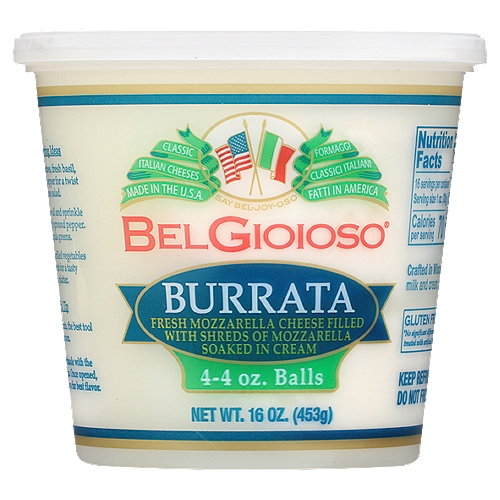 BelGioioso Burrata Cheese, 4 oz, 4 count
Fresh Mozzarella Cheese Filled with Shreds of Mozzarella Soaked in Cream

rBST free*
*No significant difference has been found in milk from cows treated with artificial hormones.