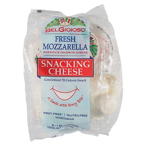 BelGioioso Fresh Mozzarella Snacking Cheese, 1 oz, 6 count
rBST free*
*No significant difference has been found in milk from cows treated with artificial hormones.

A Smile with Every Bite™