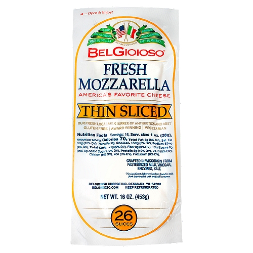 BELG THIN 26 SLC MOZZ, 16 oz
Made from fresh, local milk gathered only a few hours after milking, BelGioioso Fresh Mozzarella begins with quality ingredients and care. The result is a delicate, clean-flavored Fresh Mozzarella with a soft, porcelain white appearance - the finest available on the market today. Thin sliced. 

Our Fresh Local Milk is Free of Antibiotics and rBST*
*No significant difference has been found in milk from comes treated with artificial hormones.