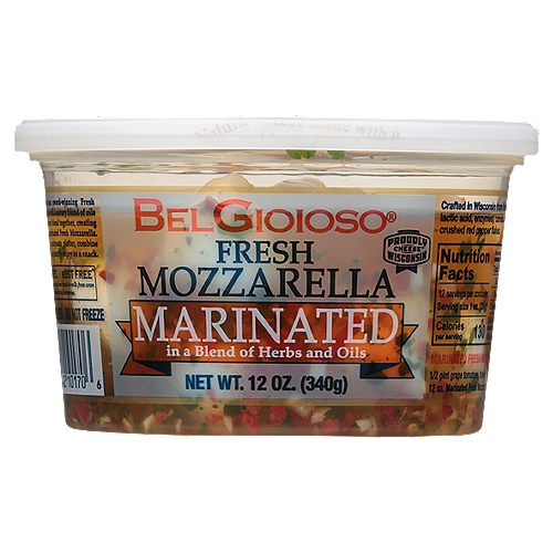 We have combined our award-winning Fresh Mozzarella Ciliegine with a savory blend of oils and herbs. The flavors blend together, creating a mouthwatering marinated Fresh Mozzarella. Serve as part of an antipasto platter, combine with pasta salads, or simply enjoy as a snack.

RBST Free*
*No significant difference has been found in milk from cows treated with artificial hormones.