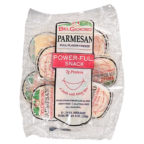 BelGioioso Power-Full Snack Parmesan Full Flavor Cheese, .75 oz, 8 count
rBST free*
*No significant difference has been found in milk from cows treated with artificial hormones.

A Smile with Every Bite™