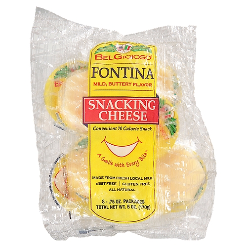BelGioioso Fontina Snacking Cheese, .75 oz, 8 count
rBST free*
*No significant difference has been found in milk from cows treated with artificial hormones.

A Smile with Every Bite™