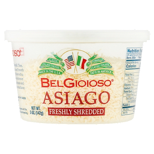 BelGioioso Freshly Shredded Asiago Cheese, 5 oz
RBST free*
*No significant difference has been found in milk from cows treated with artificial hormones.

Asiago begins with local, fresh milk. Then, careful handcrafting and minimum 5 month aging produce a sweet, nutty flavor with a hint of sharpness that satisfies but never overpowers. Melt over grilled meats and vegetables, or add to pasta for extra flavor.