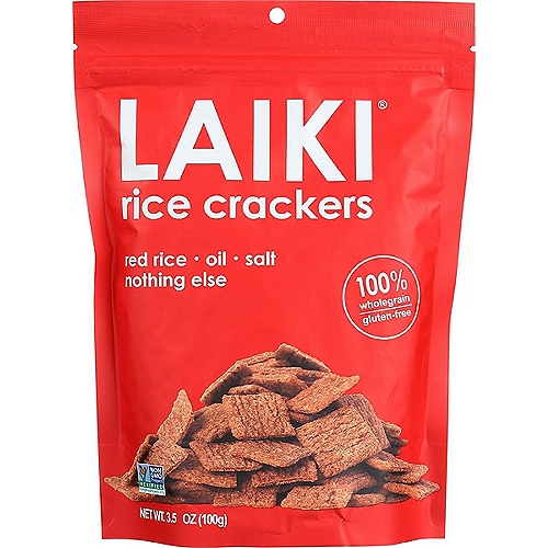 Laiki Red Rice with Sea Salt Rice Crackers, 3.53 oz
Laiki® (Ly-key)
So few ingredients, so much crunch!™
Indulge your taste buds with the delectable flavor of Laiki crackers. With three simple ingredients, these light and airy crackers have an unexpected, satisfying crunch. There are no labels to read, no ingredients to worry about—just 100% guilt-free, whole-grain goodness!

Laiki + hummus, sliced cheese, salads, soups = yum! Add Laiki, add fun!