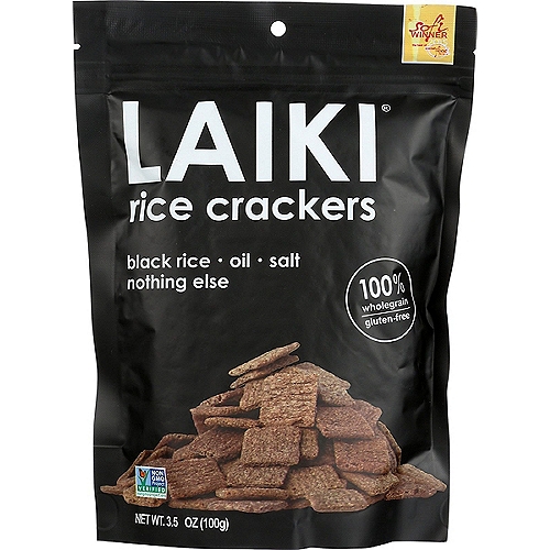 Laiki Black Rice with Sea Salt Rice Crackers, 3.53 oz
Laiki® (Ly-key)
So few ingredients, so much crunch!™
Indulge your taste buds with the delectable flavor of Laiki crackers. With three simple ingredients, these light and airy crackers have an unexpected, satisfying crunch. There are no labels to read, no ingredients to worry about—just 100% guilt-free, whole-grain goodness!

Laiki + hummus, sliced cheese, salads, soup = yum! Add Laiki, add fun!

Life's better with a little crunch.