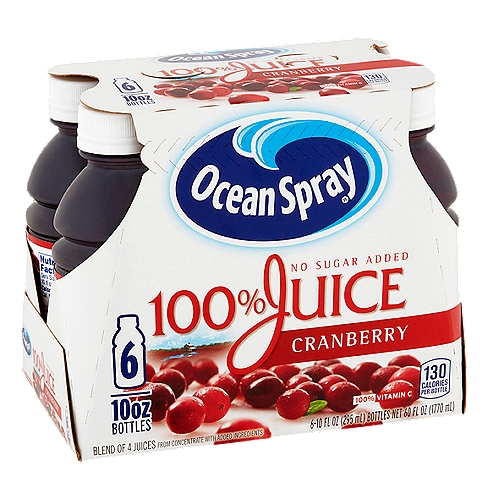 Ocean Spray Cranberry 100% Juice, 10 fl oz, 6 count
Blend of 4 Juices from Concentrate with Added Ingredients

Enjoy all the benefits of our delicious 100% Juice:
• No sugar added*
• No preservatives
• No artificial colors or flavors
• 2 servings (1 cup) of fruit‡
• 100% vitamin C
*Not a low calorie food — See nutrition facts for sugar and calorie content.
‡Each 8oz glass is equal to 1 cup of fruit. The USDA MyPlate recommends a daily intake of 2 cups of fruit for a 2,000 calorie diet.