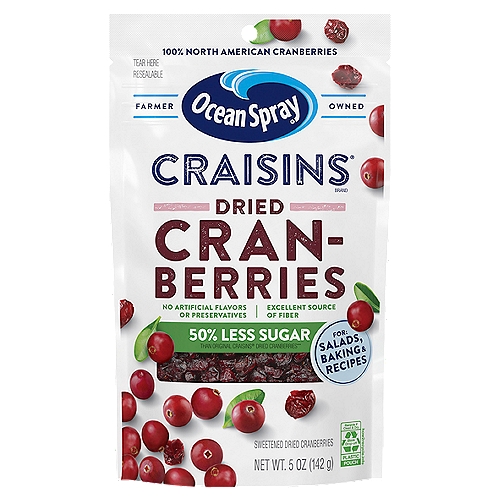 Ocean Spray Craisins Dried Cranberries, 5 oz
Sweetened Dried Cranberries

50% Less Sugar than Original Craisins® Dried Cranberries**
** This product contains 12 g sugar compared to 29 g sugar per serving of Craisins® Original Dried Cranberries.

1 serving of Craisins® Dried Cranberries meets 25% of your daily recommended fruit needs.‡
‡Each 1/4 cup serving of Craisins® Dried Cranberries provides 1/2 cup of fruit. The USDA My Plate recommends a daily intake of 2 cups of fruit for a 2,000 calorie diet.