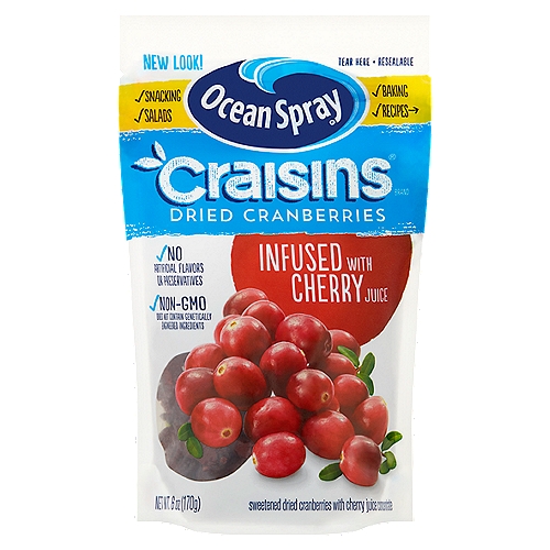 Ocean Spray Craisins Dried Cranberries Infused with Cherry Juice, 6 oz
Sweetened Dried Cranberries with Cherry Juice Concentrate

1 serving of Craisins® Dried Cranberries meets 25% of your daily recommended fruit needs*.
*Each 1/4 cup serving of Craisins® Dried Cranberries provides 1/2 cup of fruit. The USDA My Plate recommends a daily intake of 2 cups of fruit for a 2000 calorie diet.