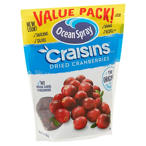 Ocean Spray Craisins The Original Dried Cranberries Value Pack!, 24 oz
Sweetened Dried Cranberries

1 serving of Craisins® Dried Cranberries meets 25% of your daily recommended fruit needs*
*Each 1/4 cup serving of Craisins® Dried Cranberries provides 1/2 cup of fruit. The USDA My Plate recommends a daily intake of 2 cups of fruit for a 2000 calorie diet.