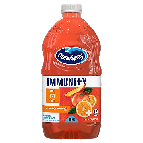 Immunity†n†May help support immune function with 100% daily value vitamin C, 10% daily value vitamin E and 10% daily value zinc per serving when consumed as part of a balanced diet and healthy lifestyle.nnNo Sugar Added‡n‡Not a low-calorie food - See nutrition facts for sugar and calorie contentnnFight On.™nWe believe in the power of the perfect storm - orange & mango. Wild. Uncommon. Bold.nBlended with vitamin C, vitamin E and zinc to help support immune function. Powering you to keep fighting the good fight each day.nnBorn Tart. Raised Bold.™nnPacking a Punch.nOne Medium-Sized Orange Has About 80 Mg of Vitamin C. Almost as Much as a Glass of Ocean Spray® Immunity Juice Drink.