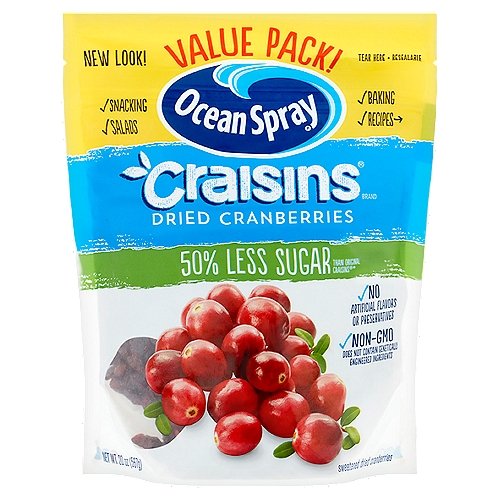 Sweetened Dried Cranberriesnn50% less sugars than Original Craisins®*n*50% less sugar per serving as compared to Craisins® Original Dried Cranberries.nn1 serving of Reduced Sugar Craisins® Dried Cranberries meets 25% of your daily recommended fruit needs**.n**Each 1/4 cup serving of Reduced Sugar Craisins® Dried Cranberries provides 1/2 cup of fruit. The USDA My Plate recommends a daily intake of 2 cups of fruit for a 2,000 calorie diet.