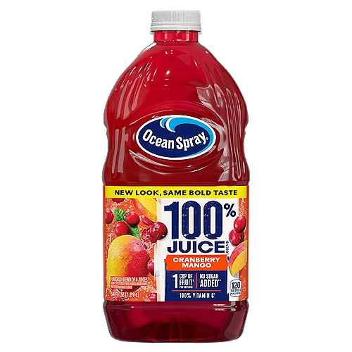 Ocean Spray Cranberry Mango Flavor 100% Juice, 64 fl oz
Flavored Blend of 4 Juices from Concentrate with Added Ingredients

New Size Same Great Price†
†Based on manufacturer's suggested retail price. Actual prices may vary.

1 Cup of Fruit‡
‡Each 8 Fl Oz glass is equal to 1 cup of fruit. The USDA MyPlate recommends a daily intake of 2 cups of fruit for a 2,000 calorie diet.