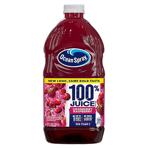 Ocean Spray Cranberry Raspberry Flavor 100% Juice, 64 fl oz
Flavored Blend of 4 Juices from Concentrate with Added Ingredients

New Size Same Great Price†
†Based on manufacturer's suggested retail price. Actual prices may vary.

1 Cup of Fruit‡
‡Each 8 Fl Oz glass is equal to 1 cup of fruit. The USDA MyPlate recommends a daily intake of 2 cups of fruit for a 2,000 calorie diet.