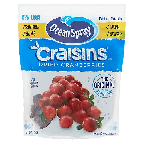 Ocean Spray Craisins The Original Dried Cranberries, 12 oz
Sweetened Dried Cranberries

1 serving of Craisins® Dried Cranberries meets 25% of your daily recommended fruit needs*.
*Each 1/4 cup serving of Craisins® Dried Cranberries provides 1/2 cup of fruit. The USDA My Plate recommends a daily intake of 2 cups of fruit for a 2000 calorie diet.