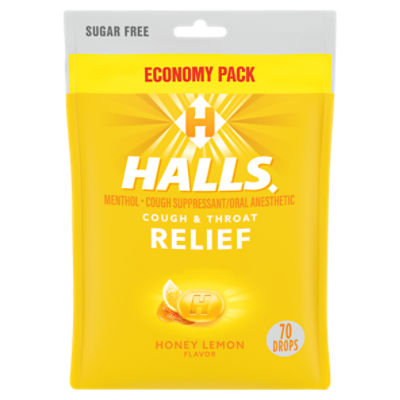 HALLS Relief Honey Lemon Sugar Free Cough Drops, Economy Pack, 70 Drops, 70 Each