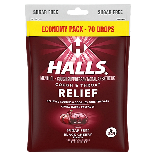 Halls Relief Sugar Free Black Cherry Flavor Drops Economy Pack, 70 countnIncludes one 70 ct. bag of HALLS Sugar Free Black Cherry Flavor Cough Drops (packaging may vary)nHALLS Sugar Free Black Cherry Flavor Cough Drops: Relieves Coughs, Soothes Sore Throats, Cools Nasal PassagesnEach drop is sugar freenHALLS is available in an assortment of flavors, cooling sensations, and sugar free varietiesnCough and sore throat got you down? Get relief when you need it