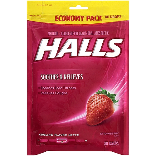 Includes one 80 ct. bag of HALLS Strawberry Cough Drops (packaging may vary)
HALLS Strawberry Flavor Cough Drops: Relieves Coughs, Soothes Sore Throats, Cools Nasal Passages
Enjoy the Strawberry flavor of these drops
HALLS is available in an assortment of flavors, cooling sensations, and sugar free varieties
Cough and sore throat got you down? Get relief when you need it