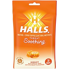 HALLS Throat Soothing Honey Cough Drops, 30 Drops, 30 Each