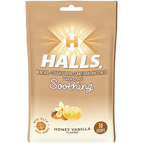 Halls Soothing Honey Vanilla Flavor Menthol Drops, 30 countnOne package of 30 HALLS Throat Soothing Honey Vanilla Cough Drops (packaging may vary)nRelieves coughs and soothes sore throatsnA honey vanilla flavored cough suppressant that's made with real honeynUse for temporary cough and sore throat relief caused by cold and minor irritationnIndividually wrapped drops in a resealable bag make it easy to take with you