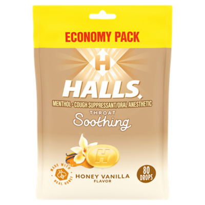 Halls Honey Vanilla Flavor Throat Soothing Drops Economy Pack, 80 count