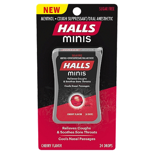 Halls Minis Sugar Free Cherry Flavor Drops, 24 count
1 pack of HALLS Minis Cherry Flavor Sugar Free Cough Drops (24 menthol cough suppressant/oral anesthetic drops total)
Relieve coughs, soothe sore throats, and cool nasal passages with sugar-free cherry flavor menthol cough drops from HALLS, the trusted cough and throat lozenge creators
Each miniature HALLS cherry flavor cough drop has 2.9 mg of menthol and temporarily relieves coughs due to a cold, as well as occasional minor irritation or sore throats
These cough drops are small in size but just as effective as standard HALLS menthol cough drops. The portable, pocket-size pack contains unwrapped drops for discreet, effortless, and wrapper-free relief
Get cough relief on the go with convenient flip-top packs. Toss in your bag or purse or keep one in your office drawer, school desk, or car to alleviate occasional throat irritation anytime, anywhere