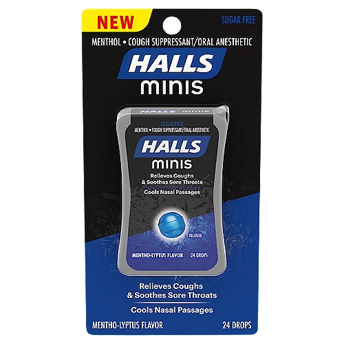 Halls Minis Sugar Free Mentho-Lyptus Flavor Drops, 24 count
1 pack of HALLS Minis Mentho-Lyptus Flavor Sugar Free Cough Drops (24 menthol cough suppressant/oral anesthetic drops total)
Relieve coughs, soothe sore throats, and cool nasal passages with sugar-free Mentho-Lyptus flavor menthol cough drops from HALLS, the trusted cough and throat lozenge creators
Each miniature HALLS Mentho-Lyptus flavor cough drop has 2.7 mg of menthol and temporarily relieves coughs due to a cold, as well as occasional minor irritation or sore throats
These cough drops are small in size but just as effective as standard HALLS menthol cough drops. The portable, pocket-size pack contains unwrapped drops for discreet, effortless, and wrapper-free relief
Get cough relief on the go with convenient flip-top packs. Toss in your bag or purse or keep one in your office drawer, school desk, or car to alleviate occasional throat irritation anytime, anywhere