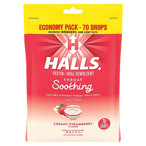 Halls Soothing Creamy Strawberry Flavor Drops Economy Pack, 70 countnOne economy pack with 70 HALLS Throat Soothing (Formerly HALLS Breezers) Creamy Strawberry Throat Drops (packaging may vary)nSore throat lozenges soothe everyday throat irritations associated with sore mouth and sore throatnContains 7 mg of pectin per throat dropnGreat tasting, fruity creamy strawberry flavornResealable bag for freshness