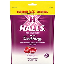 Halls Cool Berry Flavor Throat Soothing, Drops, 70 Each