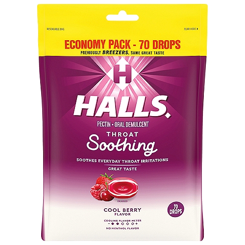 Halls Cool Berry Flavor Throat Soothing Drops Economy Pack, 70 count
One economy pack with 70 HALLS Breezers Cool Berry Throat Drops (packaging may vary)
Great tasting, fruity cool berry flavor sore throat lozenges soothe everyday throat irritations with no menthol flavor
Contains 7 mg of pectin oral demulcent per cough suppressant drop
Temporarily relieves minor discomfort and irritated areas symptoms associated with sore mouth and sore throat
Resealable bag to maintain freshness and convenience on the go
