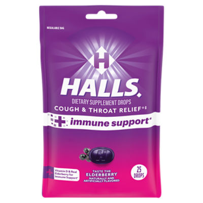 HALLS Cough and Throat Relief + Immune Support, Elderberry Cough Drops, 25 Drops